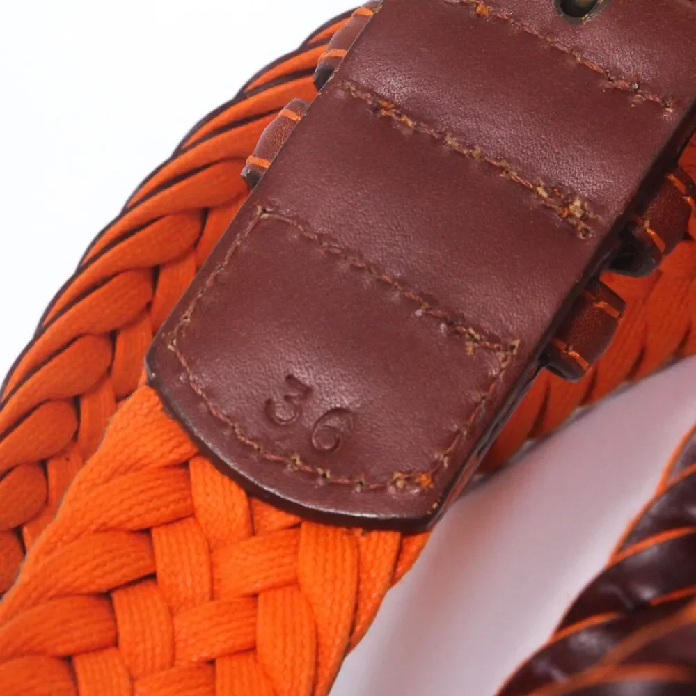 Barneys New York Mens Size 36 Woven Braided Leather Belt Brown Solid Brass Italy
